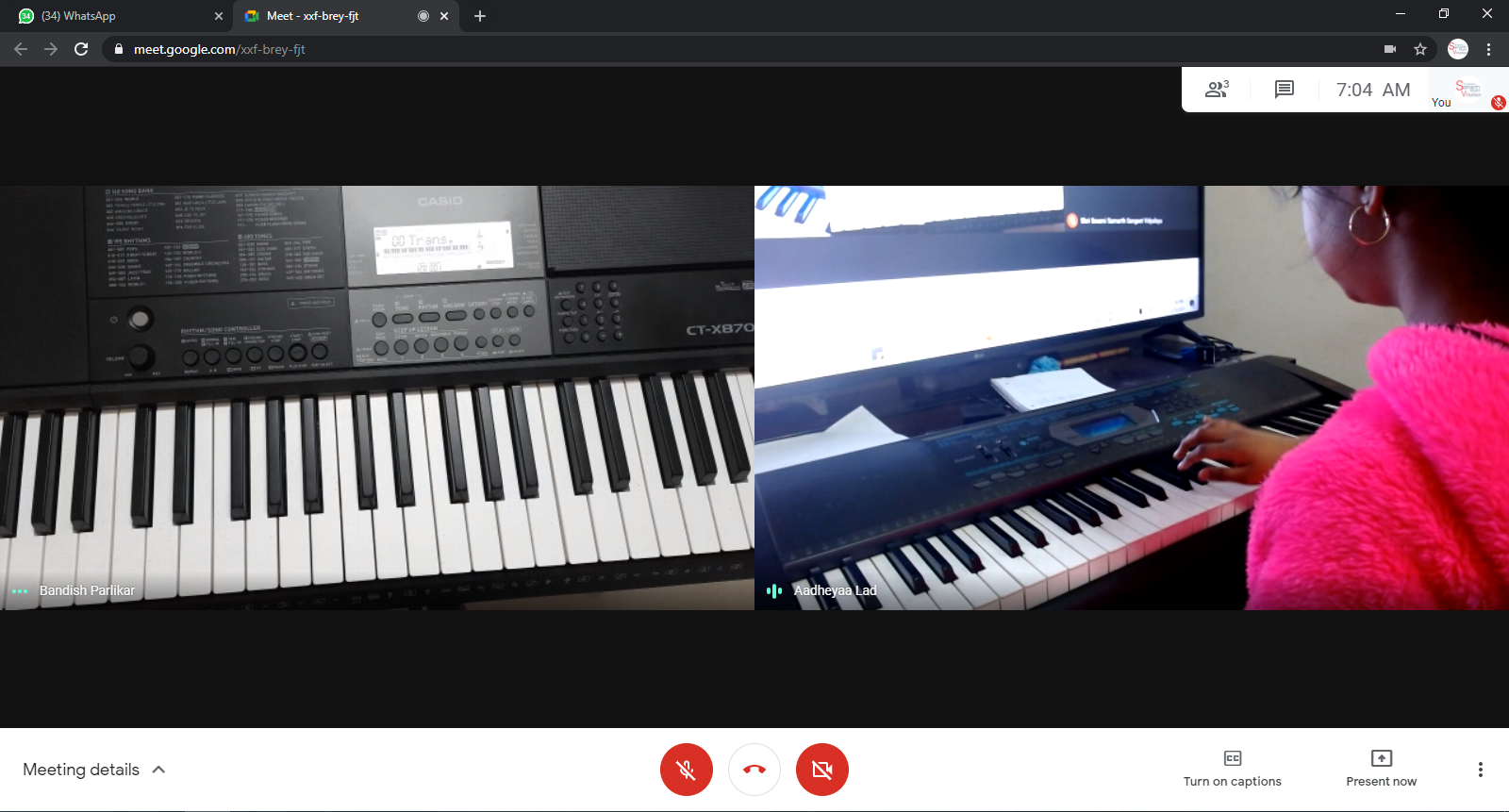 Online tabla lesson via Google Meet at SSSSV